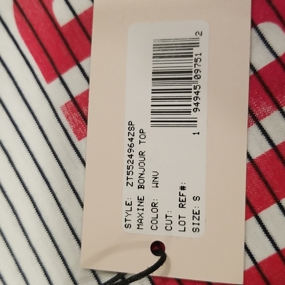 💕CINQ A SEPT💕 Boatneck Striped Graphic Tee ~ BONJOUR Black & White Small S NWT - Picture 9 of 10